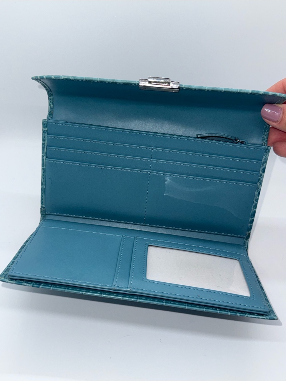 Lauren Ralph Lauren Croc Embossed Continental Wallet Turn Lock Blue - Picture 15 of 15